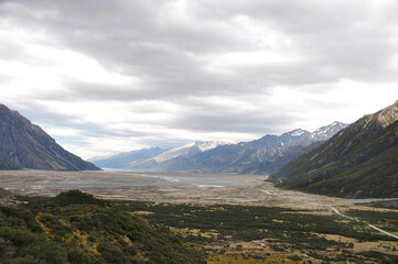 View of the valley of Tasman river taken from Tasman glacier viewpoint in South Island, New Zealand