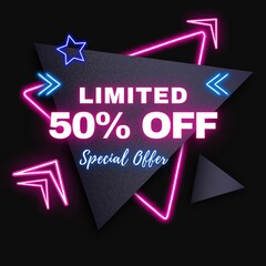 50 percent discount, fifty percent symbol discount. black, pink text 50 percent off