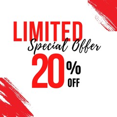 20 percent discount, twenty percent symbol discount. 20 % off promotion sale banner, red text 20 percent
