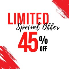 45 percent discount, forty-five percent symbol discount. 45 % off promotion sale banner, text 45 percent off