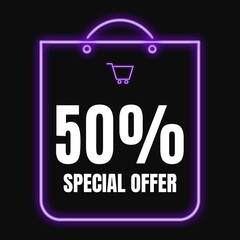 50 percent discount, fifty percent symbol discount. 50 % off promotion sale banner, black text 50 percent off
