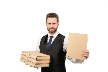 ceo with documents. mature boss with clipboard isolated on white. a lot of work. businessman