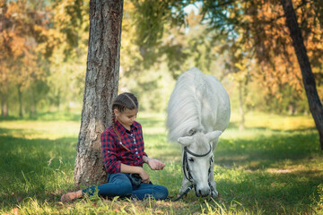 a beautiful girl is sitting near a tree and feeding a white pony against the background of autumn...