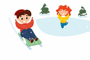Children play active winter games. Boy sledding, girl ice skating