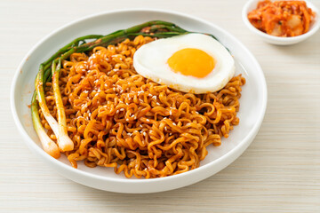 dried Korean spicy instant noodles with fried egg