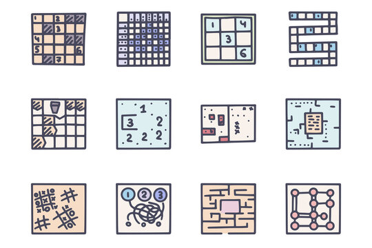 Puzzle games color vector doodle simple icon set