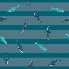 Seamless pattern Tiger shark on striped gray teal background. Texture of marine fish for any purpose.