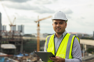 Inspector engineer man or architect with clipboard with white safety helmet in city construction site. Checking with checklist on rooftop building construction at capital.