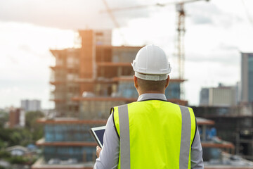 Asian engineer handsome man or architect use tablet with white safety helmet in city construction site . Standing on rooftop building construction at capital.