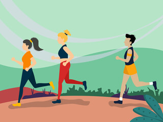 Men and women dressed in sportswear jogging or running through park. 