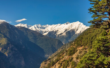 Fototapeta premium Scenic Indian hill station Kalpa at Himachal Pradesh with view of Kailash Himalaya mountain range