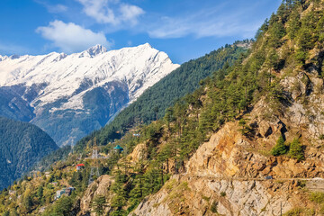 Obraz premium Scenic landscape with view of mountain road and Himalaya snow peaks on way to Kaza Himachal Pradesh India