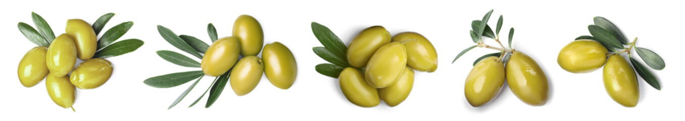 Set with fresh green olives on white background. Banner design