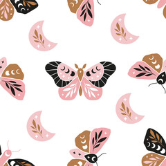 Vector seamless pattern - celestial butterfly. Mystical insect luna moth, floral moon on white background. Design for magic print, fabric, wallpaper, textile, magical decor. - obrazy, fototapety, plakaty