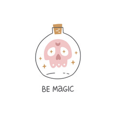 Bottle with magic potion vector illustration. Cartoon witch brew with sugar skull. Mystic and esoteric alchemy element. Hand drawn witchcraft symbol isolated on white background.