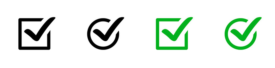 Conjunto de icono de verificación de aprobación, verde. Concepto de visto, bien, aprobado, correcto, seleccionado. Ilustración vectorial, estilo cuadrado y circular