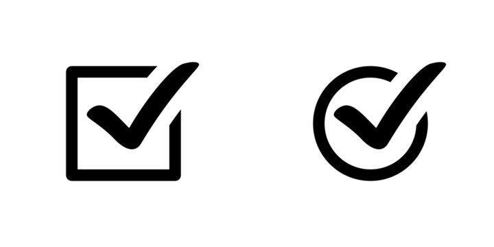 Conjunto de icono de verificación de aprobación, verde. Concepto de visto, bien, aprobado, correcto, seleccionado. Ilustración vectorial, estilo cuadrado y circular