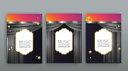 Show time, Cinema and Theatre hall with seats  red velvet curtains. Shining light bulbs vintage and luxury festival flyer templates,