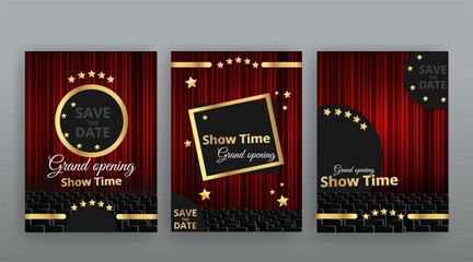 Show time, Cinema and Theatre hall with seats  red velvet curtains. Shining light bulbs vintage and luxury festival flyer templates,