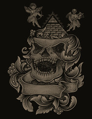 illustration skull illuminati with vintage engraving ornament