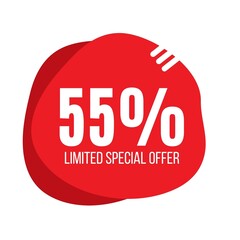55% off limited special offer, Banner with fifty-five percent discount, background red round balloon, promotional banner