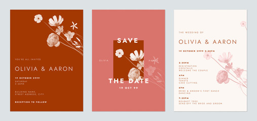 Floral wedding invitation card set template design, various monochrome flower bouquet, red theme