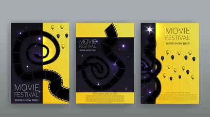 Show time, Cinema and Theatre hall with seats  red velvet curtains. Shining light bulbs vintage and luxury festival flyer templates