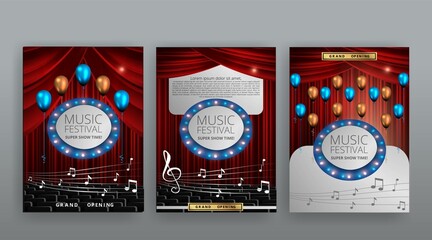 Show time, Cinema and Theatre hall with seats  red velvet curtains. Shining light bulbs vintage and luxury festival flyer templates