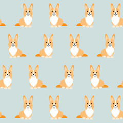 Obraz na płótnie Canvas Corgi dog seamless pattern. Cute corgi sitting anfas, red and white color, with tail, on gray background. Funny cartoon pet character