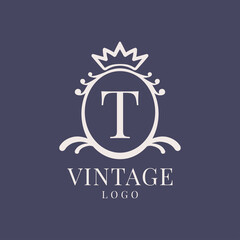 letter T vintage logo design for classic beauty product, rustic brand, wedding, spa, salon, hotel