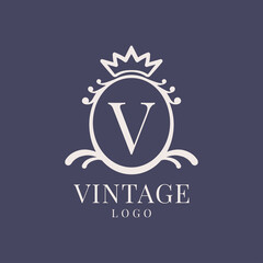 letter V vintage logo design for classic beauty product, rustic brand, wedding, spa, salon, hotel