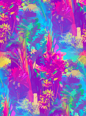 Fototapeta na wymiar Pink and blue palm tree garden print, seamless pattern