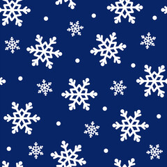 Snowfall seamless vector pattern. Hand-drawn snowflakes on a blue background. White ice crystals, blizzard. Abstract festive template for decoration, design of seasonal cards, textiles, print, fabric