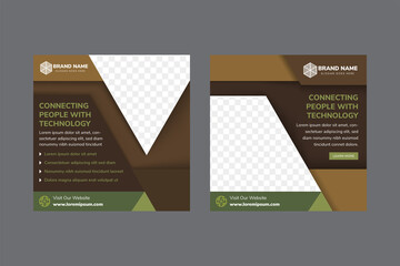 connecting people with technology social media post promotion banner template design premium. set of vector illustration use square layout with space for photo. combination brown and green colors