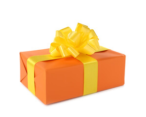 Orange gift box with yellow bow isolated on white