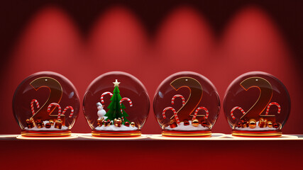 Huge amount next year is 2022, with a snow globe, green Christmas trees, gifts. New Year's fabulous atmosphere