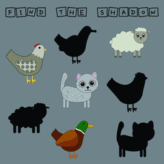 Find a shadow  pets. Match  cat sheep, chicken,duck with correct shadow Preschool worksheet, kids activity worksheet, printable worksheet