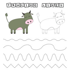 Trace line worksheet with  cow for kids, practicing fine motor skills.  Educational game for preschool children. 
