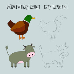 Tracing lines game with funny ducks, cows. Worksheet for preschool kids, kids activity sheet, printable worksheet
