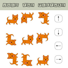 Match the pictures of  pets dogs  and directions up, down, left and right . Printable worksheet. Flashcards for education.