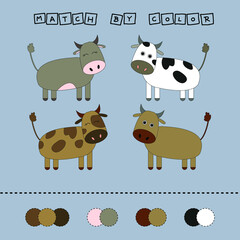 Developing activity for children -  match the  cow by  color. Logic game for children.

