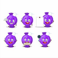 Cartoon character of blue candy wrap with various chef emoticons
