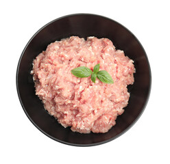 Raw chicken minced meat with basil in bowl on white background, top view