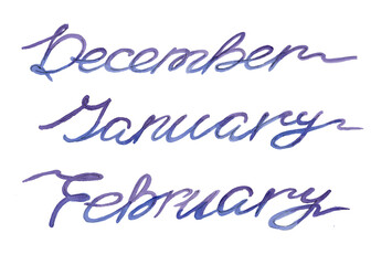 Watercolor continuous blue and violet one line drawing lettering Set Winter month December, January and February on white background