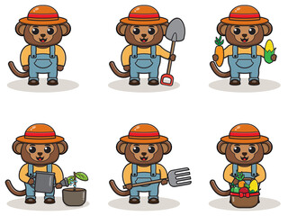 Vector illustration of Monkey farmer cartoon. Cute farmer character design with straw hat. Character flat design. isolated on white.