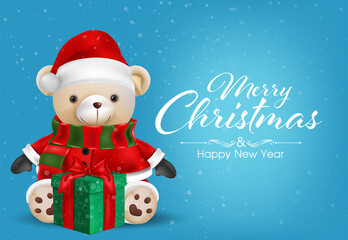 Fototapeta na wymiar Cute Christmas Greeting Card, With Teddy bear wear Santa Claus, vector illustration.