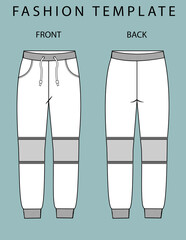 Sweatpants fashion Flat sketch templates, pant front and back view.