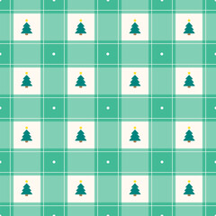 Cute Minimal Merry Christmas Tree Green Checkered Gingham Pattern Editable Stroke. Cartoon Illustration, Mat, Fabric, Textile, Scarf, Wrapping Paper. 