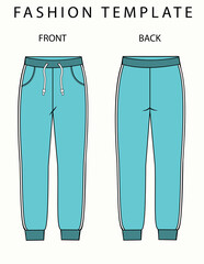 Sweatpants fashion Flat sketch templates, pant front and back view.