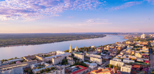 Aerial view panorama sunset city Perm Russia, drone photo - obrazy, fototapety, plakaty